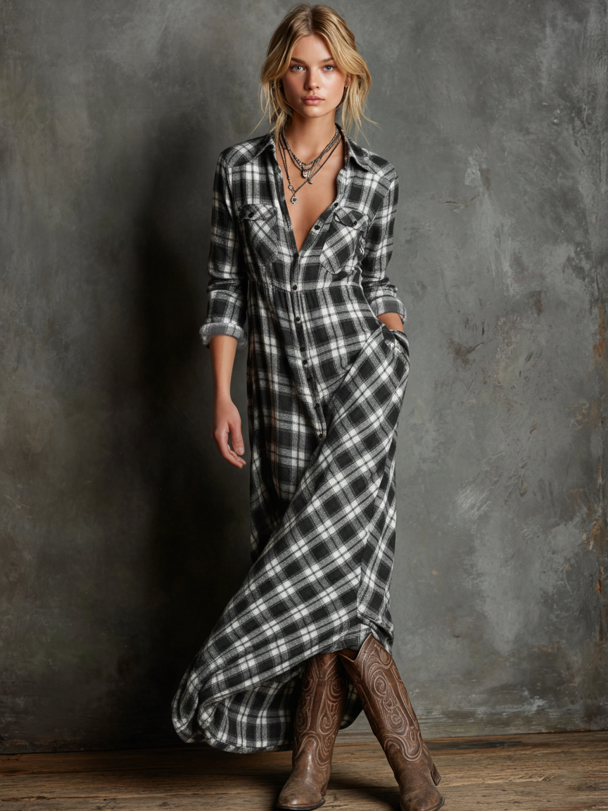 Woman wearing a long plaid dress and cowboy boots against a textured wall.