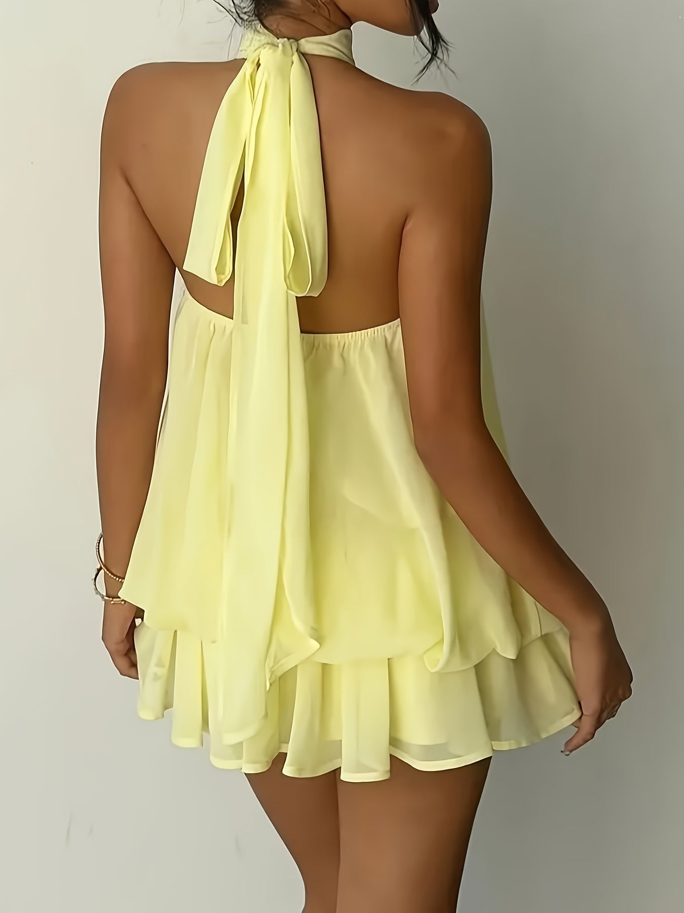 Elegant Backless Halter Tie Waist Mini Dress