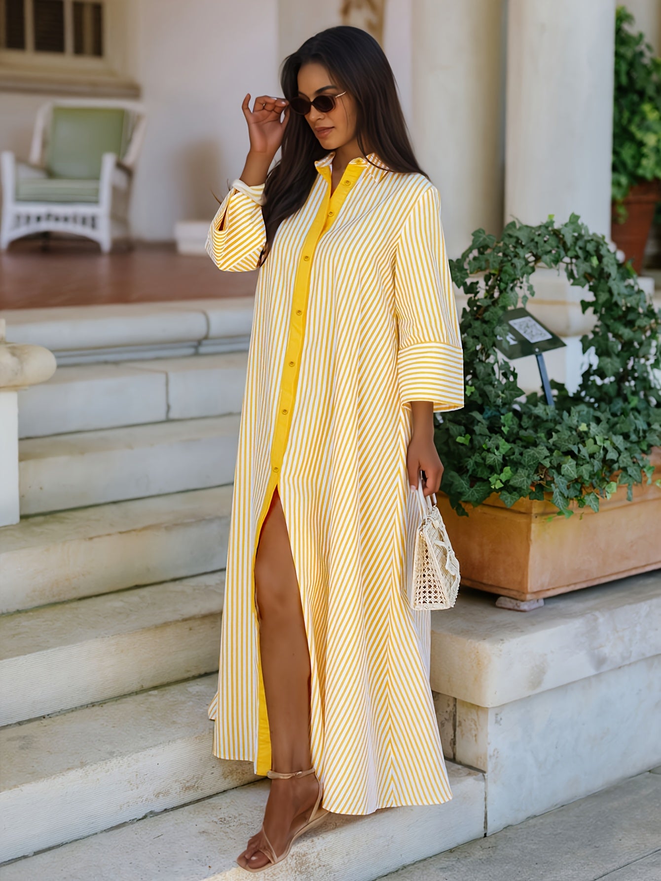 Women’s Elegant Striped Shirt Cape – Long Sleeve Button Shirt