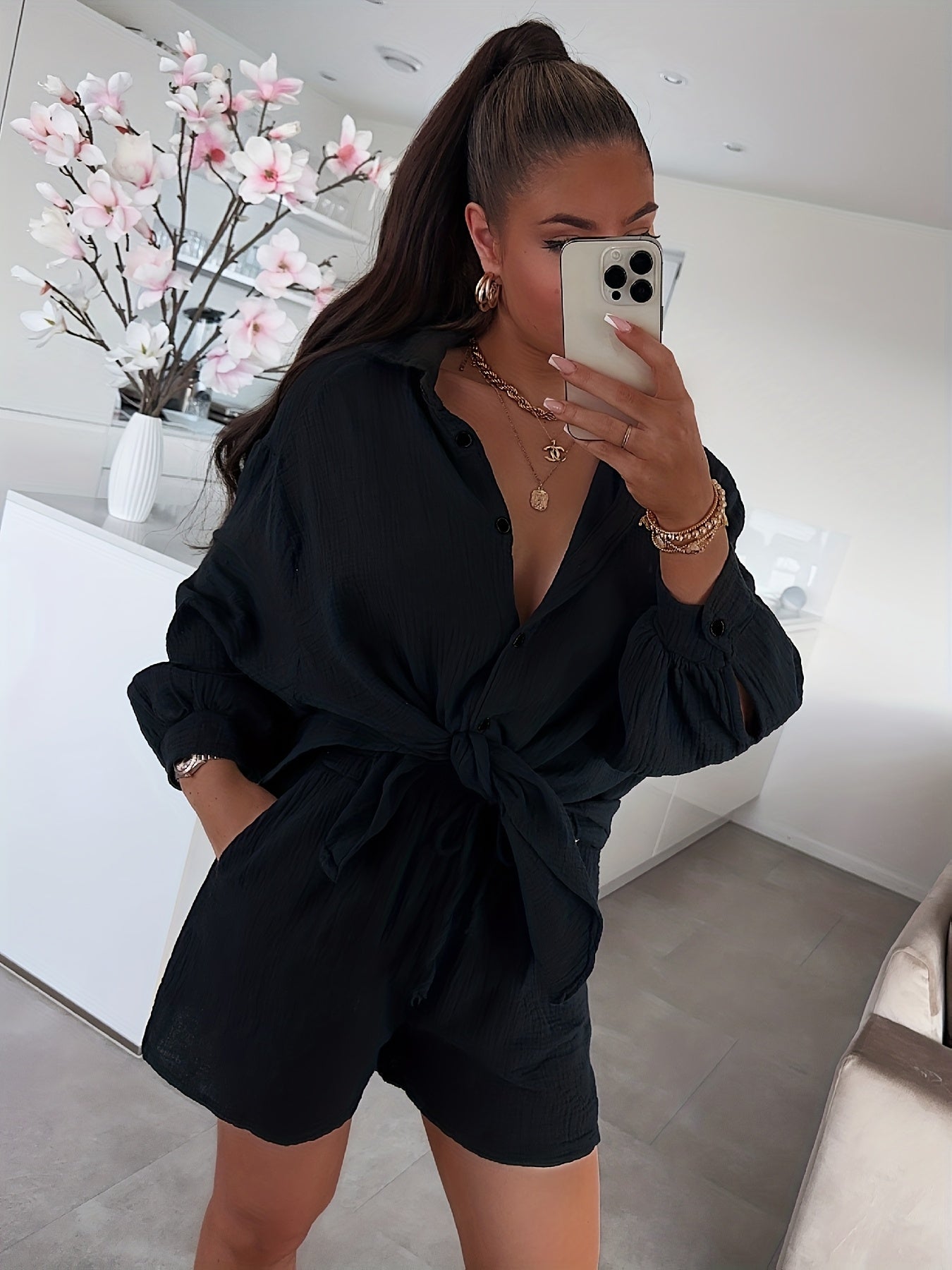 Women’s Cotton 2-Piece Lounge Set – Shirt & Shorts