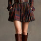ZINNIA VINTAGE LAPEL RED AND BROWN PLAID MINI DRESS (INCLUDES BELT)