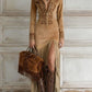 OPHELIO WESTERN HALF-ZIP EMBROIDERED FAUX SUEDE FRINGE MAXI DRESS