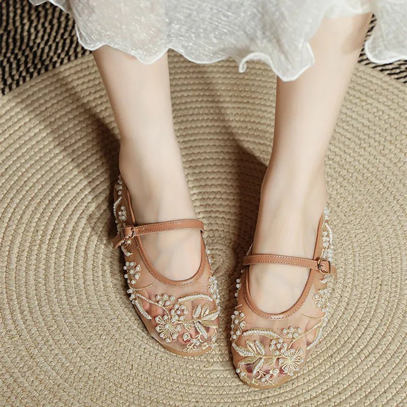 JULIANA | Pearl Embroidered Mesh Flats | Beaded Flat Shoes Women