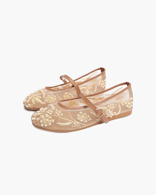 JULIANA | Pearl Embroidered Mesh Flats | Beaded Flat Shoes Women