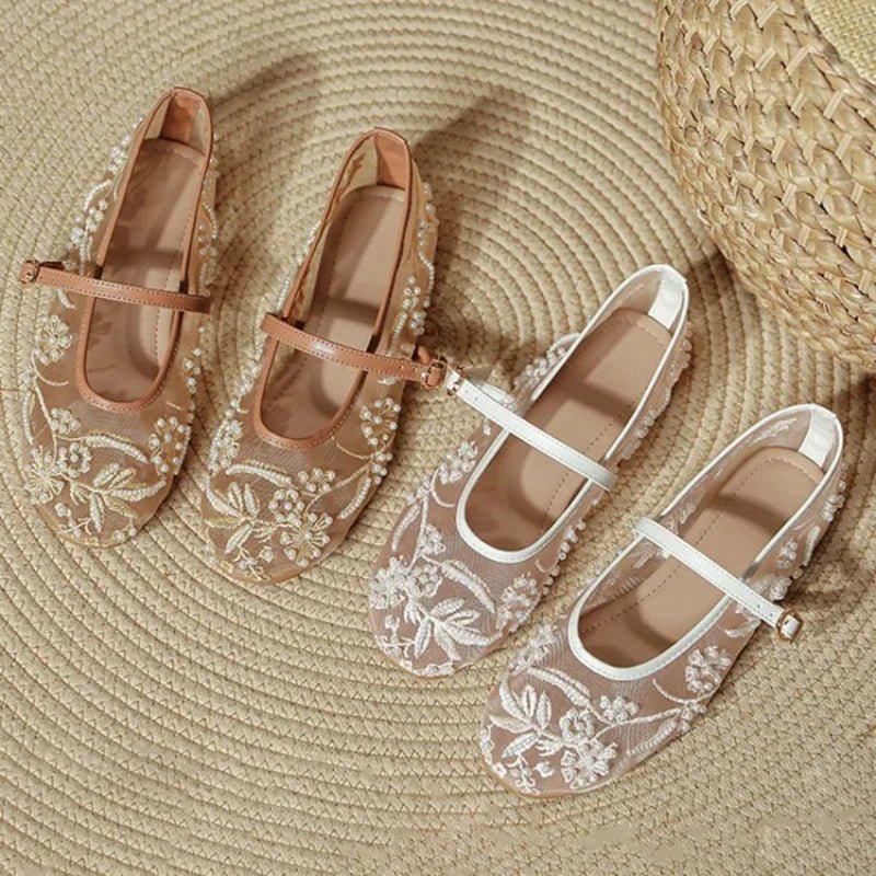 JULIANA | Pearl Embroidered Mesh Flats | Beaded Flat Shoes Women