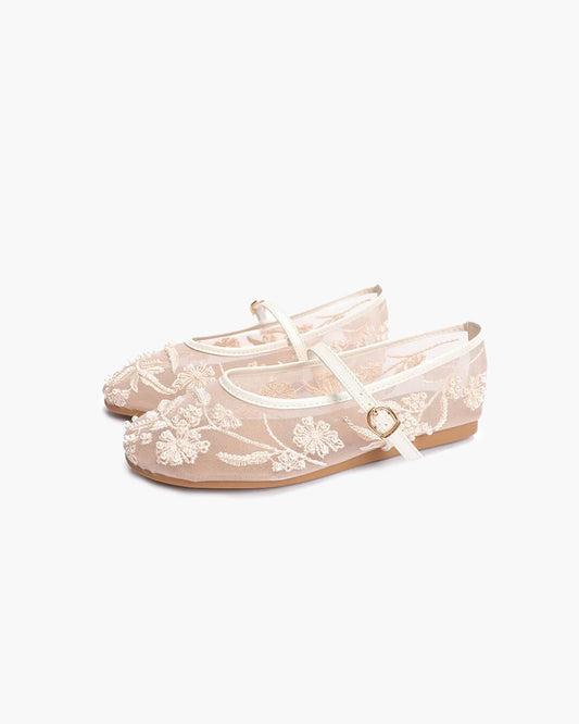 JULIANA | Pearl Embroidered Mesh Flats | Beaded Flat Shoes Women