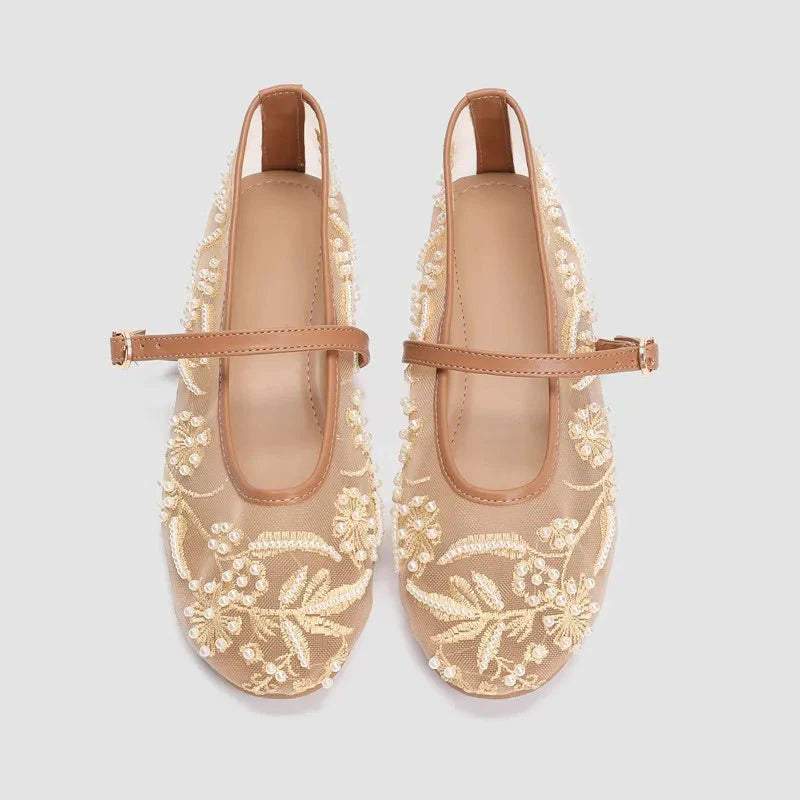 JULIANA | Pearl Embroidered Mesh Flats | Beaded Flat Shoes Women