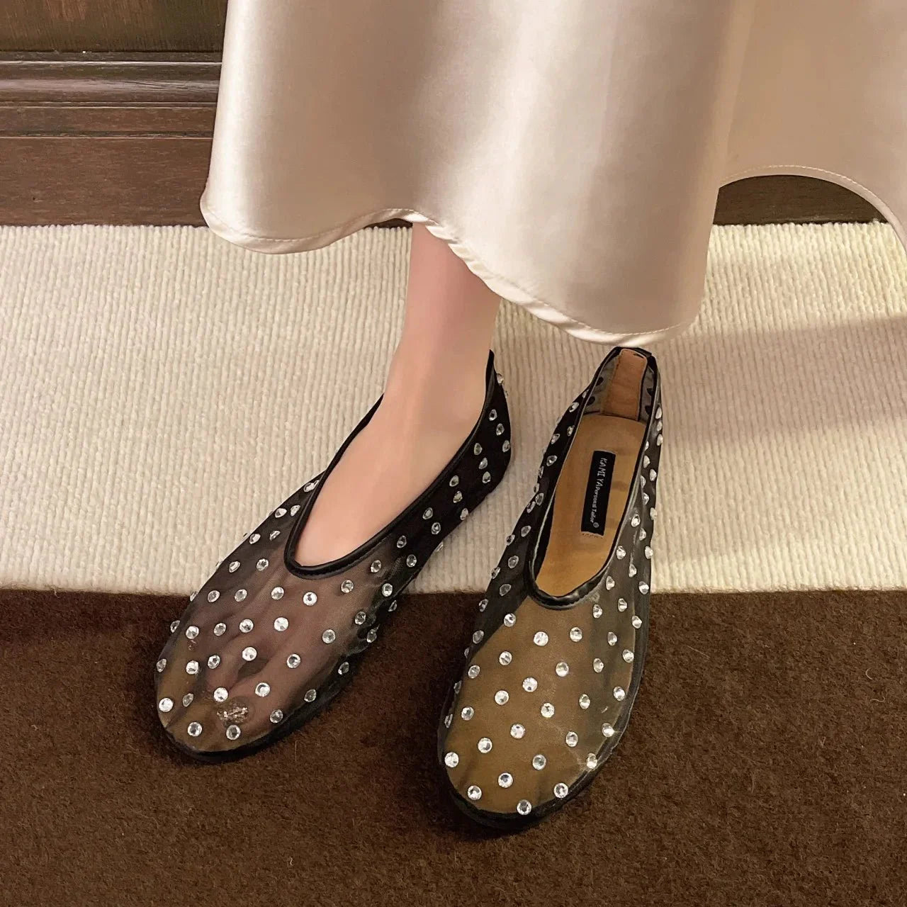 SANDRA | Crystal Mesh Ballet Flats | Fishnet Ballerinas Women
