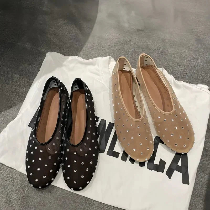 SANDRA | Crystal Mesh Ballet Flats | Fishnet Ballerinas Women