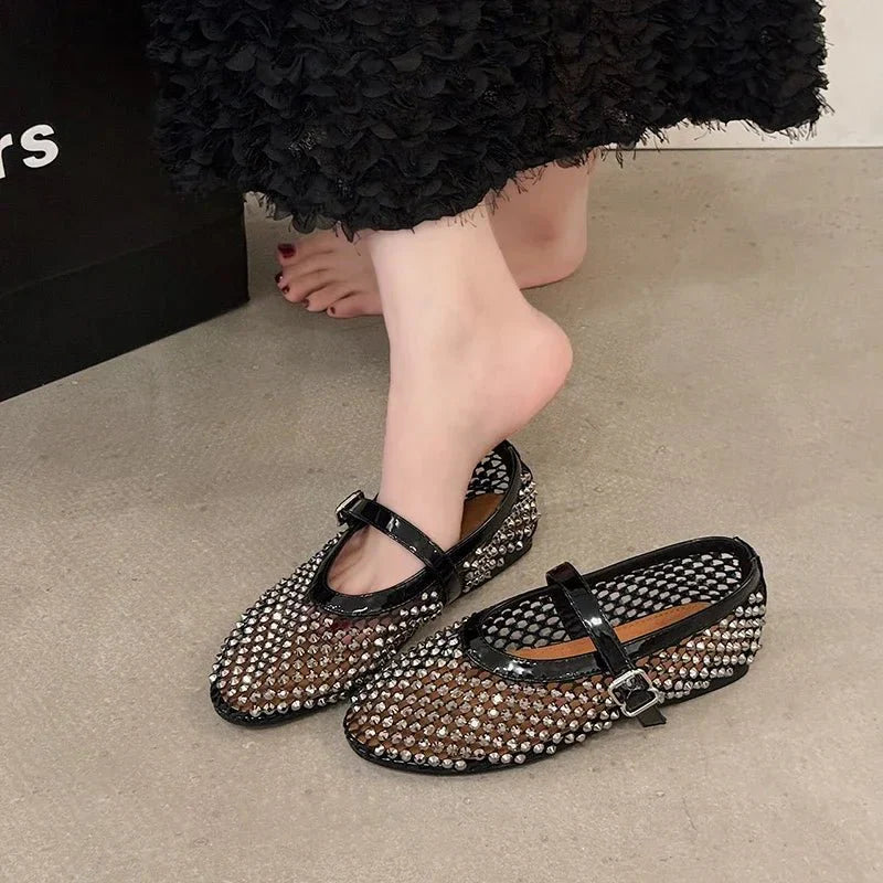 NORA | Rhinestone Mesh Ballet Flats | Embellished Ballerinas Women